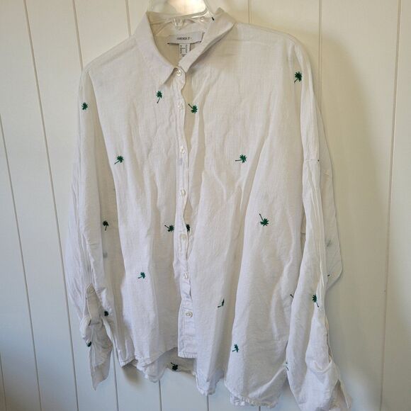 Forever 21+Top Womens Palm Print Button Up Shirt 0X Plus Size White Long Sleeve - Picture 3 of 6